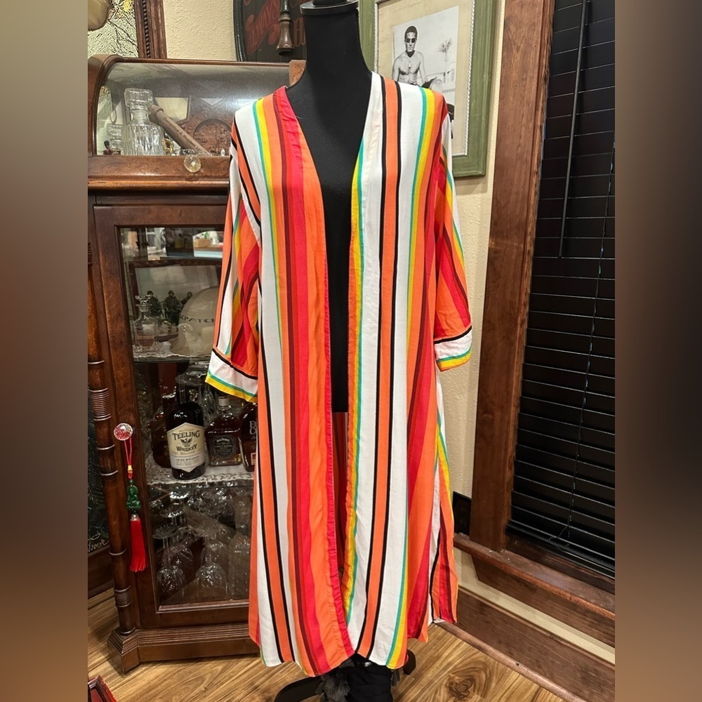 Express Multi-Color Striped Longline Kimono Duster Cardigan Boho Chic M/L - Picture 4 of 10